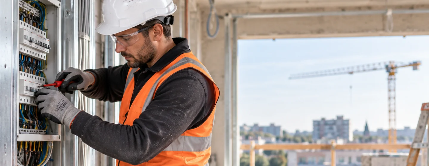 Électricien au travail sur un chantier en France, une grue en arrière-plan
