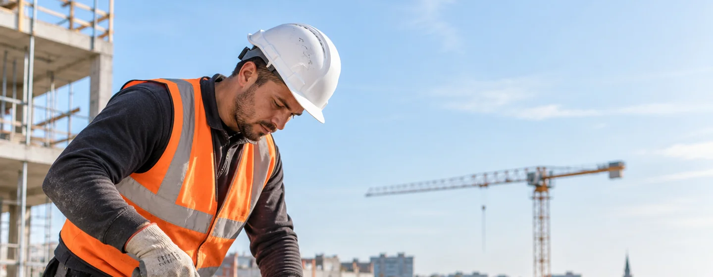 Maçon sur un chantier de logements, une grue à tour en arrière-plan