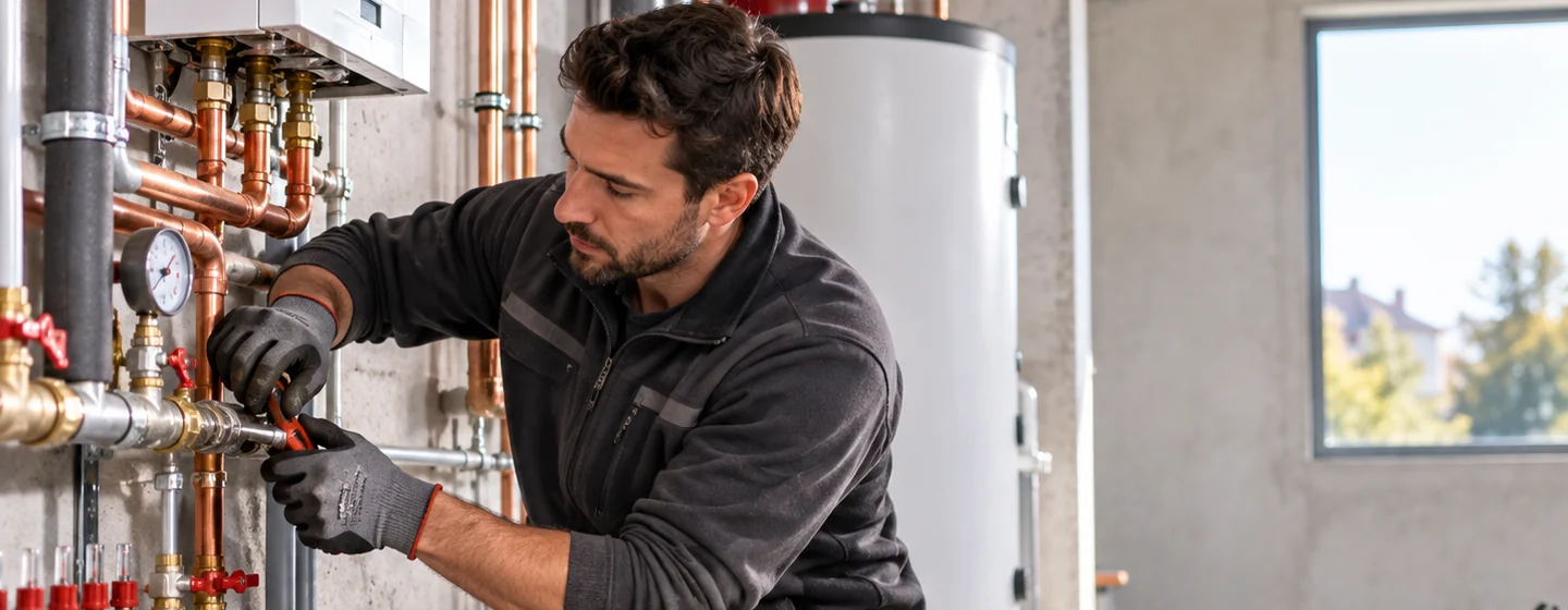 Plombier au travail sur une installation de chauffage dans un bâtiment neuf