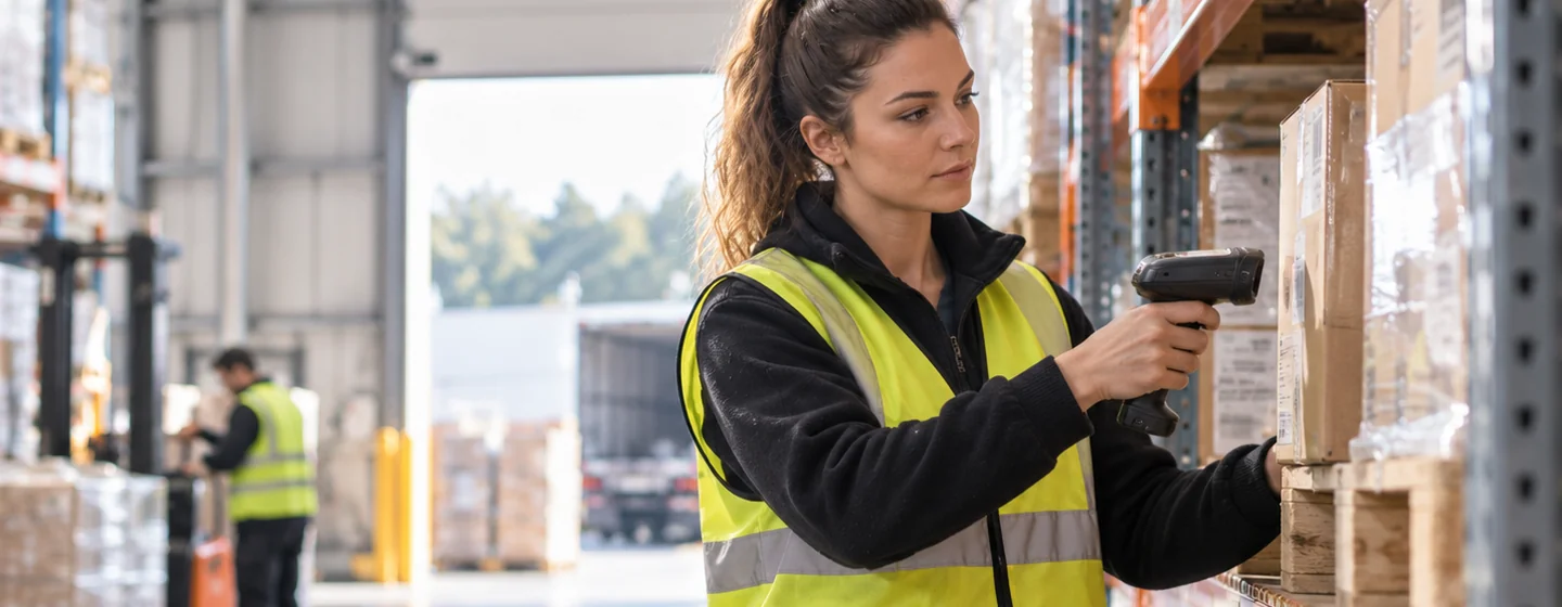 Préparatrice de commandes scannant un colis dans un entrepôt en France