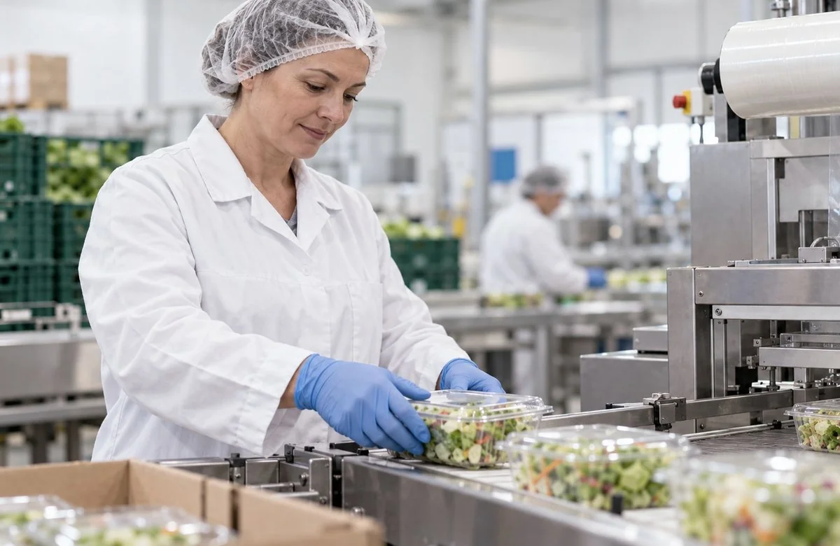 Opérateurs européens sur une ligne de conditionnement agroalimentaire