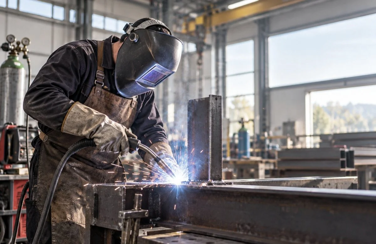 Soudeur et opérateurs européens dans un atelier industriel en France